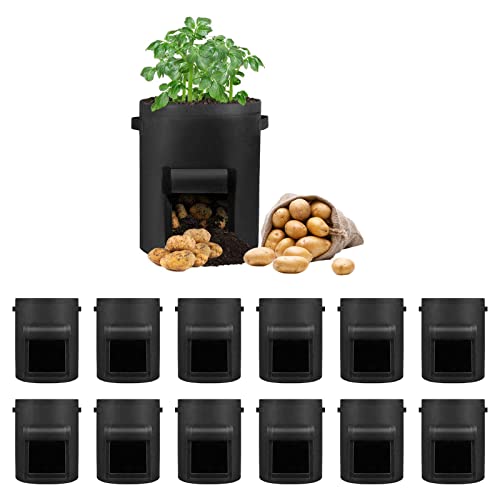 LITLANDSTAR 12 Stück 10 Gallonen Kartoffel Pflanzsack, Kartoffel Pflanzsack aus Vliesstoff mit Sichtbarer Klappe und Griffen für Pflanze Tomaten, Kartoffeln, Gemüse und Blumen（35 x 40 cm, Schwarz）