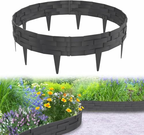 Aufun Rasenkante Steinbricksimulationsstil 5m Beeteinfassung Kunststoff mit 10 Elemente á 100 cm, Anthrazit Steinbricks-Optik Design Garten Beetumrandung Biegbarer Mähkante Beetbegrenzung Flexible
