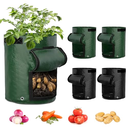 Kartoffel Pflanzsack, 4 Stück 10 Gallone Gemüse Tomatenpflanzen Pflanzsäck, Kartoffel-Pflanzbeutel kartoffeln anbauen mit Sichtbarer Klappe, Pflanztasche für Tomaten Kartoffeln Blumen Pflanzen 35*50cm