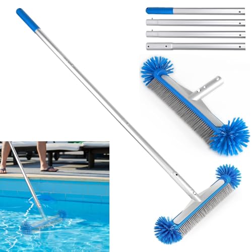 Poolbürste mit 140cm Aluminium Demontage Stange 43cm Poolbesen mit Halbkugelförmigen Borsten Gartenpool Reinigungsbürste 7 Reihen von Nylonborsten für Pool Reinigung, EZ Clip Aluminiumgriff