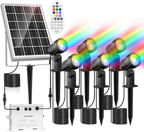 MEIKEE Solar Strahler Außen RGB mit Fernbedienung 10 Farbe 12 Zyklusmodi Speicherfunktion Timing-Funktion Solar Gartenleuchte IP66 Wasserdicht Solarlampe RGB für Garten, Pfad,Baum, Balkon 6 Stück