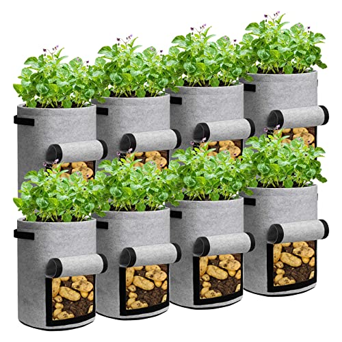 LITLANDSTAR 8 Stück 10 Gallonen Kartoffel Pflanzsack, 37L Kartoffel Pflanzen Tasche aus Vliesstoff mit Sichtbarer Klappe und Griffen für Pflanze Tomaten, Kartoffeln, Gemüse und Blumen (Grau)