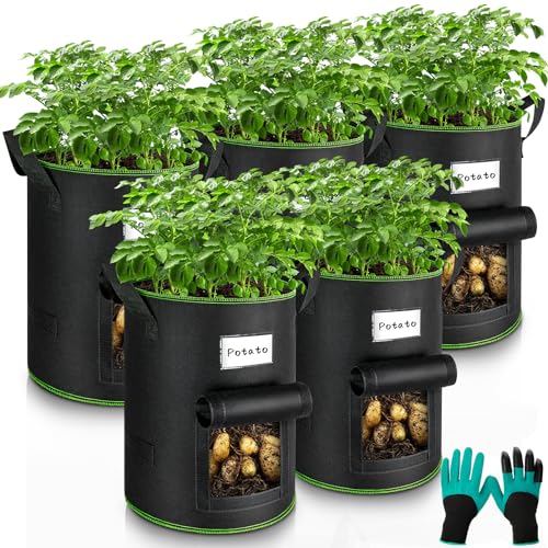 Enbagold Kartoffel Pflanzsack, 5 Stück 40L Pflanzsäcke mit Gartenhandschuhe, Vliesstoff Pflanztasche mit Griffe und Sichtbarem Fenster, Pflanztopf für Kartoffeln, Tomaten, Erdbeeren