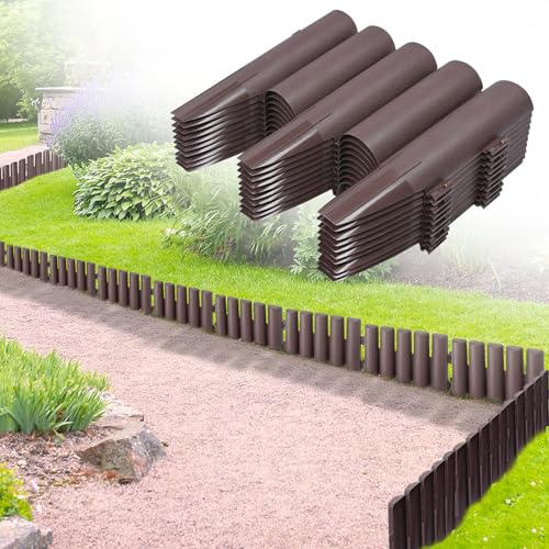 NAIZY Rasenkante Kunststoff Beeteinfassung Gartenpalisade mit Holz Optik Beetumrandung Rasenkante Randstein Kantenstein Braun (LxH): 28cm x 24cm - 20 Stück 5,6M