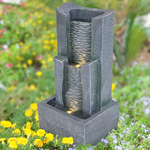 AMUR 3-stufige STEIN-KASKADE Gartenbrunnen mit LED-Licht 230V Wasserfall Wasserspiel für Garten, Gartenteich, Terrasse, Teich, Balkon Sehr Dekorativ