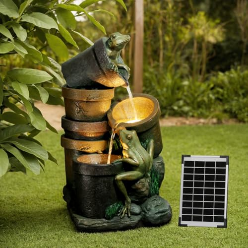 Solar Springbrunnen für Außen,3-stufiger Kaskaden-Frosch Kaskaden Solar Springbrunnen Gartenbrunnen mit LED-Beleuchtung für Drinnen und Draußen,Garten,Balkon,Terrasse,69×36.5×40cm