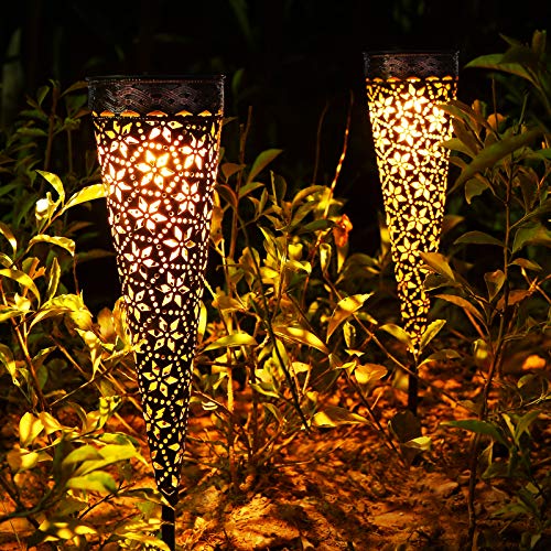 Metall Solarleuchten Garten, 2 Stück Solarlampen für Außen Garten Deko, LED Gartenleuchten Solar Warmweiß IP65 Wasserdicht für Balkon Blumenkästen Rasen Weg Weihnachten (Rostoptik)