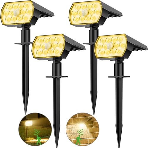 Solarlampen für Außen mit Bewegungsmelder, Solarstrahler für Garten 3 Modi Solar Gartenleuchten, 3000K Warmweiß Solarleuchten IP65 Wasserdicht LED Solar Strahler für Aussen Weg Hof Gehweg, 4 Stück