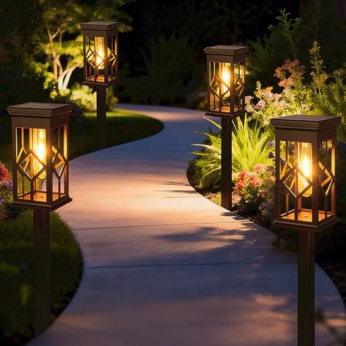 Lotmos 4 Stück Solarlampen für Außen Garten, IP65 Wasserdicht Solarleuchten Garten Winterfest, Vintage LED Gartenleuchten Auto Ein/Aus Gartenlampen für Draußen Weg Terrasse Pfad Rasen Balkon, Warmweiß
