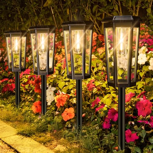 4 Stück Solarlampen für Außen Garten, IP65 Wasserdichte Solar Gartensteckleuchte Rasenleuchte, LED Solar Gartenlampe für Weg, Terrasse, Hof Dekoratio, Einfache Installation & Auto Ein/Aus (4)