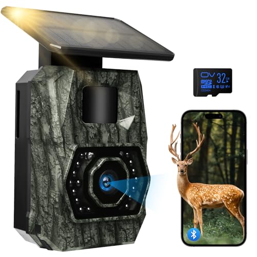 Wildkamera WLAN mit Handyübertragung App, Solar mit 5200 mAH Akku Bewegungsmelder nachtsicht 48MP 1296P ideale Wildtierkamera 0,1s schnelle Reaktion nachtsichtkamera Night Vision, IP66 Wasserdicht
