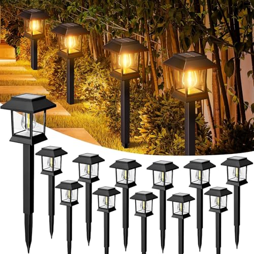 nipify Solarlampen für Außen Garten, 12 Stück Solar Gartenleuchten, Wasserdichte Vintage Solarleuchten für Außen mit Warmweiß Wolfram, Auto On/Off Solarleuchten Garten Deko für Rasen, Terrasse, Hof