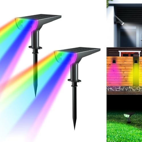 Aitesuo RGBW Solar Gartenleuchten, 2 Stück Farbig Solarstrahler Außen, 7 Farbwechsel Wegeleuchten mit Memory Funktion, IP65 Wasserdicht Wandleuchte, Outdoor Solarlampen für Garten, Weg, Terrasse