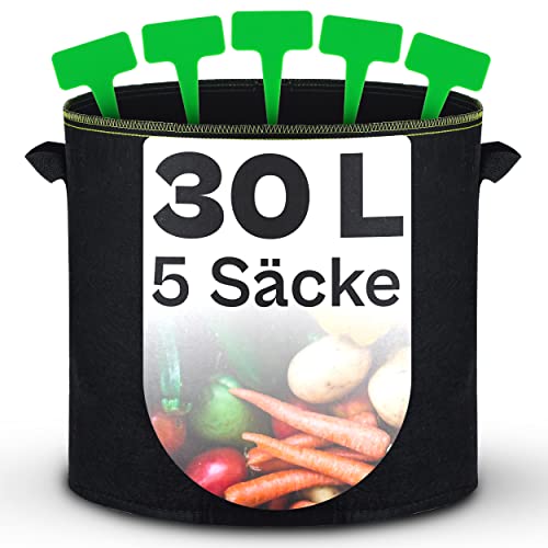 Praknu Pflanzsack 30l - 5 STK aus Vliesstoff mit Pflanzenschilder zum Beschriften - Mit Griff - Für Gemüse und Pflanzen