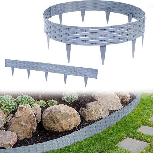 YRHome 60m Rasenkante Beeteinfassung Beetumrandung Gartenpalisade mit 60 Elemente á 100 cm Kunststoff Rattan Design Beetzaun Weidezaun Palisaden Biegbarer UV-beständig Wetterfest Erdspieß Grau