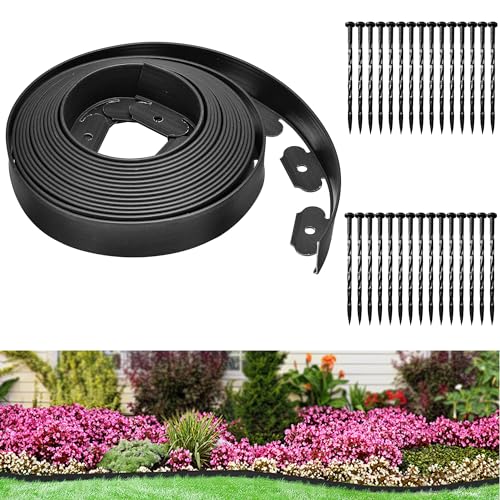 Flexible Rasenkante Kunststoff, Länge 10m Höhe 5cm, mit 30 Erdanker, Beeteinfassung Beetumrandung Beetbegrenzung Mähkante Pflastersteine Palisade (10M, Schwarz)