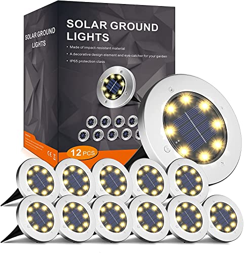 FLOWood Solar Bodenleuchte für Garten 8 LEDS Außenleuchte Wasserdicht Gartenleuchte Edelstahl Kunststoff ampe für außen Warmweiß 12 Stk [Energieklasse A]