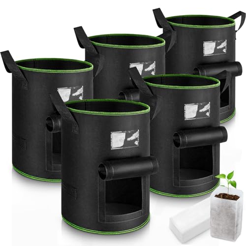 Enbagold Kartoffel Pflanzsack, 5 Stück 40L Pflanzsäcke mit 60 Pcs Samen Pflanzbeutel, Vliesstoff Pflanztasche mit Griffe und Sichtbarem Fenster, Pflanztopf für Kartoffeln, Tomaten, Erdbeeren