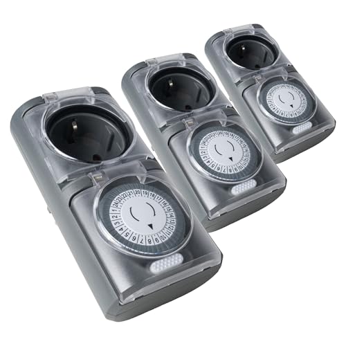 4smile Zeitschaltuhr Aussenbereich 3er Set- IP44 Zeitschaltuhr Steckdose außen, einfache Bedienung - Zeitschalter analog außen mit hoher Schaltleistung
