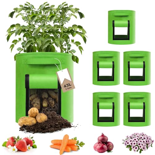 YTACREA Kartoffel Pflanzsack Filz, 5 Stück 43L(11 Gallonen) Pflanzsäcke mit Sichtbarer Klappe und Griffen, Wiederverwendbar Kartoffelsack zum Pflanzen, Grow Bags für Gemüse Blumen Früchte, Grün
