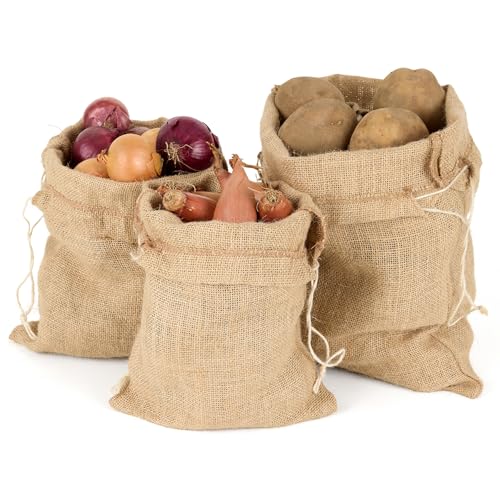La Cordeline 3 natürliche Jutebeutel zur Aufbewahrung, Aufbewahrung von Gemüse, Kartoffeln und Zwiebeln, mit Kordelzug, zum Festziehen