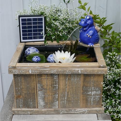 Miniteich Set - Holzkiste Wasserspeier Drache mit Solarpumpe und Schwimmkugeln aus Keramik