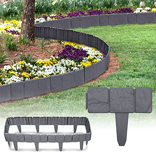Yznahre 5 m Rasenkante in Steinoptik Anthrazit Beetumrandung Mähkante Randsteine Beeteinfassung Gartenzaun aus Kunststoff, 1 Element (L x H): 25 x 23 cm, 20 Stücke