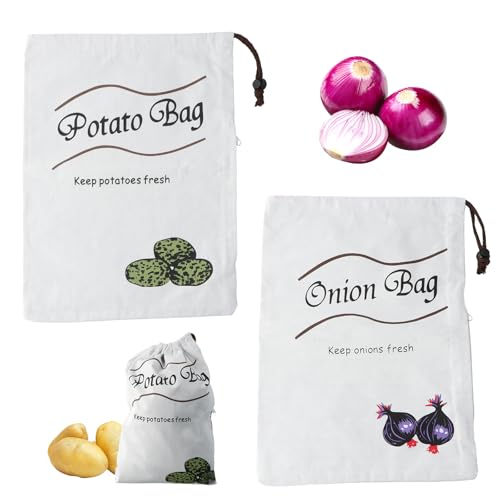 Litinliv 2 Stück Gemüsesack, Zwiebelbeutel und Kartoffelbeuteln, Lebensmittelaufbewahrungstasche mit Kordelzugk Seitlichem Reißverschluss für Küche, Kartoffeln, Zwiebeln, Knoblauch 26x36 CM