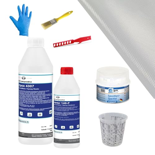 DD Composite Reparatur-Set Auto, Boot und Motorrad 700g Epoxidharz mit Härter, 600g Spachtelmasse, Glasfilamentgewebe, Handschuhe, Pinsel, Rührstab, Mischbecher