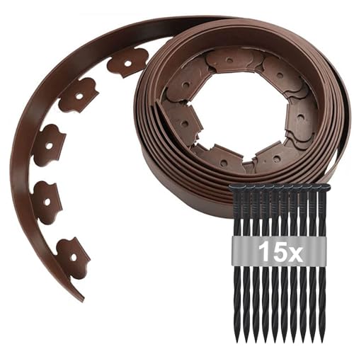 Rasenkante Kunststoff 5m Länge× 5cm Hoch, Beetbegrenzung mit 15 Erdanker, Rasenkanten Elastische Garten, Beeteinfassung Rund Kurven, Beetumrandung Rasen, Blumenbeet Umrandung Unsichtbar PE (Braun)