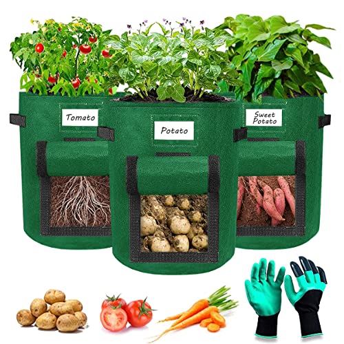 Airminti 3-Pack 7 Gallonen Kartoffel Pflanzsack, Pflanzbeutel mit Stabilen Griffen und Visualized Flap, Verdickte und Atmungsaktive Vliestöpfe mit Gartenhandschuhe für Tomaten, Kartoffeln