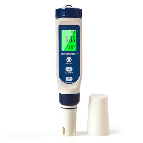 Pious PH Messgerät Wasser, Ph/Salzgehalt/ec/tds/Temperatur-Multifunktions-Ph-Messgerät, Automatischer Temperatur Kompensations Ph Wert Messgerät, Geeignet Für Trinkwasser, Schwimmbad, Hydroponik, SPA