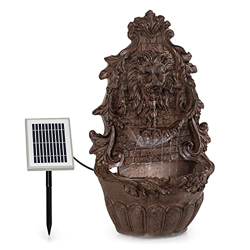 blumfeldt Löwenstein Wandbrunnen Gartenbrunnen Solarbrunnen, Löwenkopf-Optik, 2W Solar-Pumpe, Material: Polyresin, 4 weiße LED-Lichter, 5m Kabel, Solarpanel mit Lithium-Akku, Steinnachbildung, rost