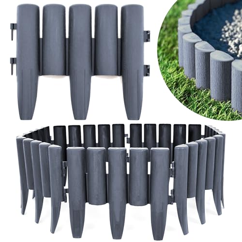 KRUMAD Rasenkante Kunststoff Holzoptik, 10 Stück Set 2,8 Meter, Höhe 24 cm, Beeteinfassung Garten, Flexible Beetumrandung, Witterungsbeständig, UV- & Frostfest, Einfacher Aufbau, Grau