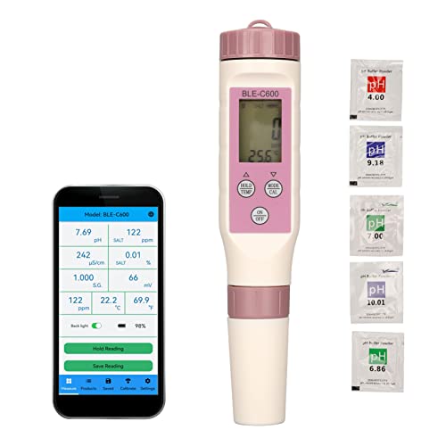 Zunate Digitales PH-Messgerät, 7-in-1-Bluetooth-PH-, TDS-, EC-, ORP-, SG-, Salinitäts- und Temperaturteststift 0,01 Hohe Genauigkeit für Haushaltsgetränke, Hydroponik, Pools und Aquarien