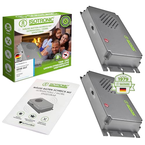ISOTRONIC – 2er Set Mäusevertreiber mit Ultraschall gegen Mäuse & Ratten | batteriebetriebener Mäuseschreck für Keller, Dachböden, Garagen UVM. | tierschonend & sicher | 40 m² Wirkungsbereich