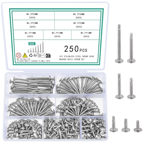 250 Stück M4,2 Blechschrauben Selbstschneidende Schrauben für Metall, Edelstahlschrauben Selbstschneidend Bohrschrauben Set, Phillips Truss-Kopf Selbstbohrende Schrauben für Stahl