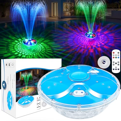 DeeprBling Schwimmender Springbrunnen Pool mit Lichtshow, Wiederaufladbare Wasserfontäne Pool mit Anker, 2 Sprühmodi & 7 Lichtmodi mit Fernbedienung & Knöpfen, Pool Fontäne Springbrunnen Schwimmend