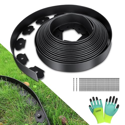 YAOBLUESEA Flexible Rasenkante aus Kunststoff schwarz 5cm hoch 10m lang, mit 60 Erdanker & 1 Paar Handschuhe für Garten Rasen Beet Stein-& Kiesflächen