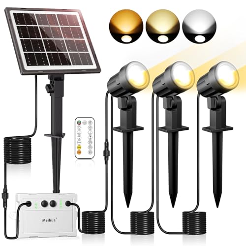 MEIHUA Solar Strahler mit Fernsteuerung 2700K-6500K 3 Helligkeit 2 Dynamische Modi IP66 Wasserdichte Gartenleuchten Solarlampen mit Timer Gartenbeleuchtung für Garten Pfade Sträucher Haus 3 in 1