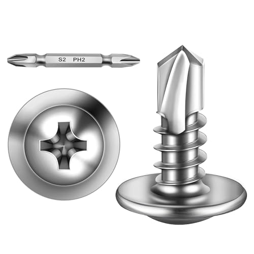 300 Stück Blechschrauben 4,2 x 13 mm Selbstschneidende Schrauben Edelstahl Flachkopf mit Scheibe und Kreuzschlitz Schraubendreher Bit