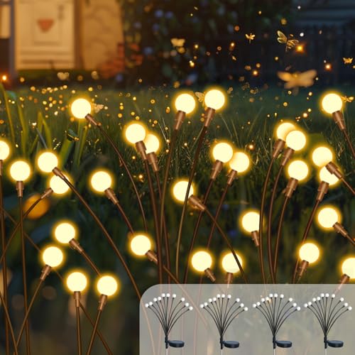 4 Stück Firefly Solarlampen für Außen Garten, 10LED Solar Glühwürmchen Warmweiß, IP65 Wasserdicht, 2 Modi Firefly Solar Licht, Swinging Garten Lichter Dekorative für Fußweg, Yard, Garten, Patio