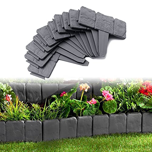 UISEBRT 40Pcs Rasenkante Kunstoff 10m Beeteinfassung Steinoptik Palisade Beetumrandung Mähkante Gartenzaun für Garten Border Blumenbeet, LxH 25x23cm, Anthrazit