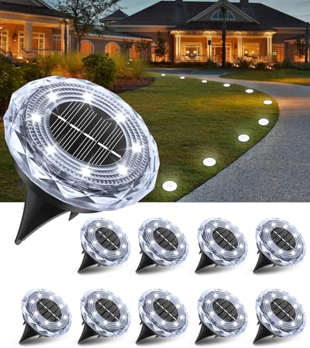10 Stück Solar Bodenleuchten Aussen, 8 LED Solarleuchten Wasserdicht Boden Solarleuchten,Solarlampe für Außen Garten Rasen Auffahrt Gehweg Patio Hof Terrasse,Kaltweiß