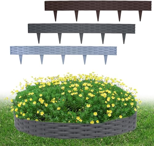 FIVMEN Rasenkante Beeteinfassung Kunststoff Beetumrandung Beetbegrenzung Mähkante Rattan-Optik Flexible Rasenkantenband Gartenpalisade 10cm hoch - 10M 10 Stück, Braun