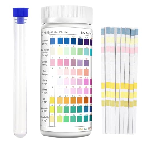 9 in 1 Aquarium Wassertest Teststreifen 200 Stück – Trinkwasser Test, Pool Test, Brunnen & Leitungswasser Analyse, Aquarium Zubehör zur Messung von pH, Härte, Chlor, Nitrat, Nitrit, Eisen, Kupfer, ecc