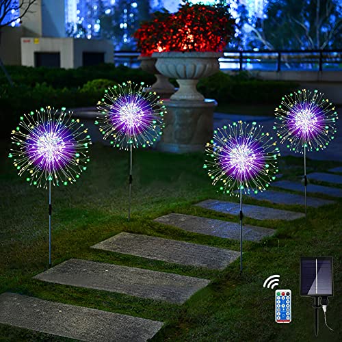 Redefun Solarstecker Gartenleuchten 4 x 120 LED Gartendeko Solarlicht, 8 Modi Garten Pusteblume Solarlampen Wasserdicht Solarleuchte Feuerwerk mit Fernsteuerung，Timer für Außen Deko(Mehrfarbig)