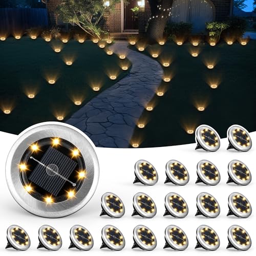 Solpex Klein Solar Bodenleuchten, Solarleuchte für Garten 8 LEDs 20 Stück, Warmweiß Gartenleuchten Edelstahl Wasserdicht für außen, Garten, Terrasse, Rasen, Hof, Gehweg