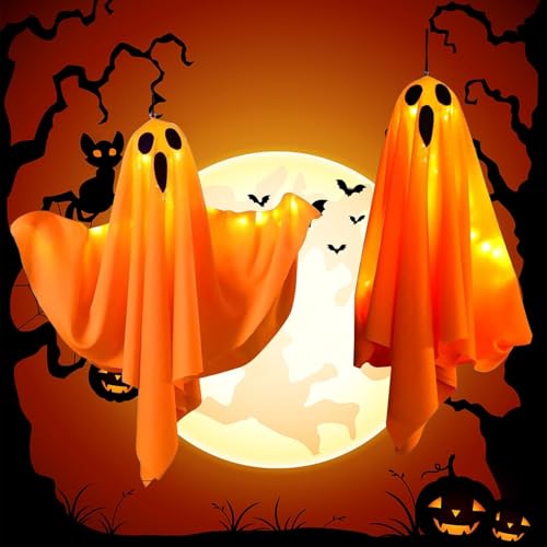 Lypumso Halloween Deko Geister, 2 Stück Halloween Dekoration Hängende Geist LED Lichter mit 3 Beleuchtungsmodi, Decoration Geist Außen Innen für Garten, Balkon, Terrasse, Party, Veranda, Baum (Orange)