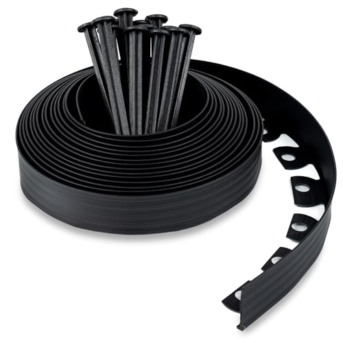Flexible Rasenkante Kunststoff (10 m, schwarz) mit 30 Erdanker - Höhe 50 mm - Unsichtbare Raseneinfassung aus recyceltem Plastik - Leicht zu verarbeiten